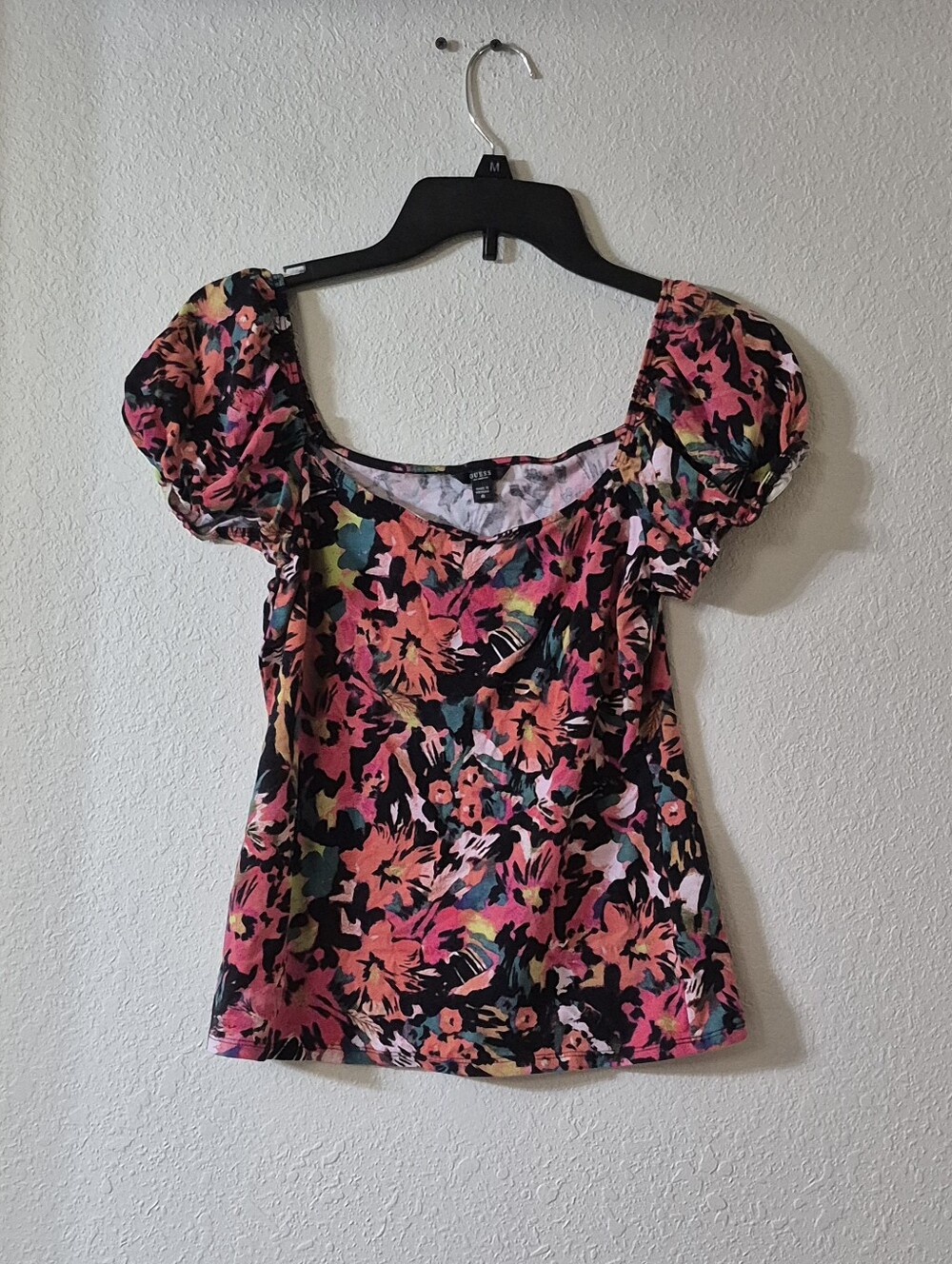 Guess Pink Multi Floral Puff-Sleeve Crop Top